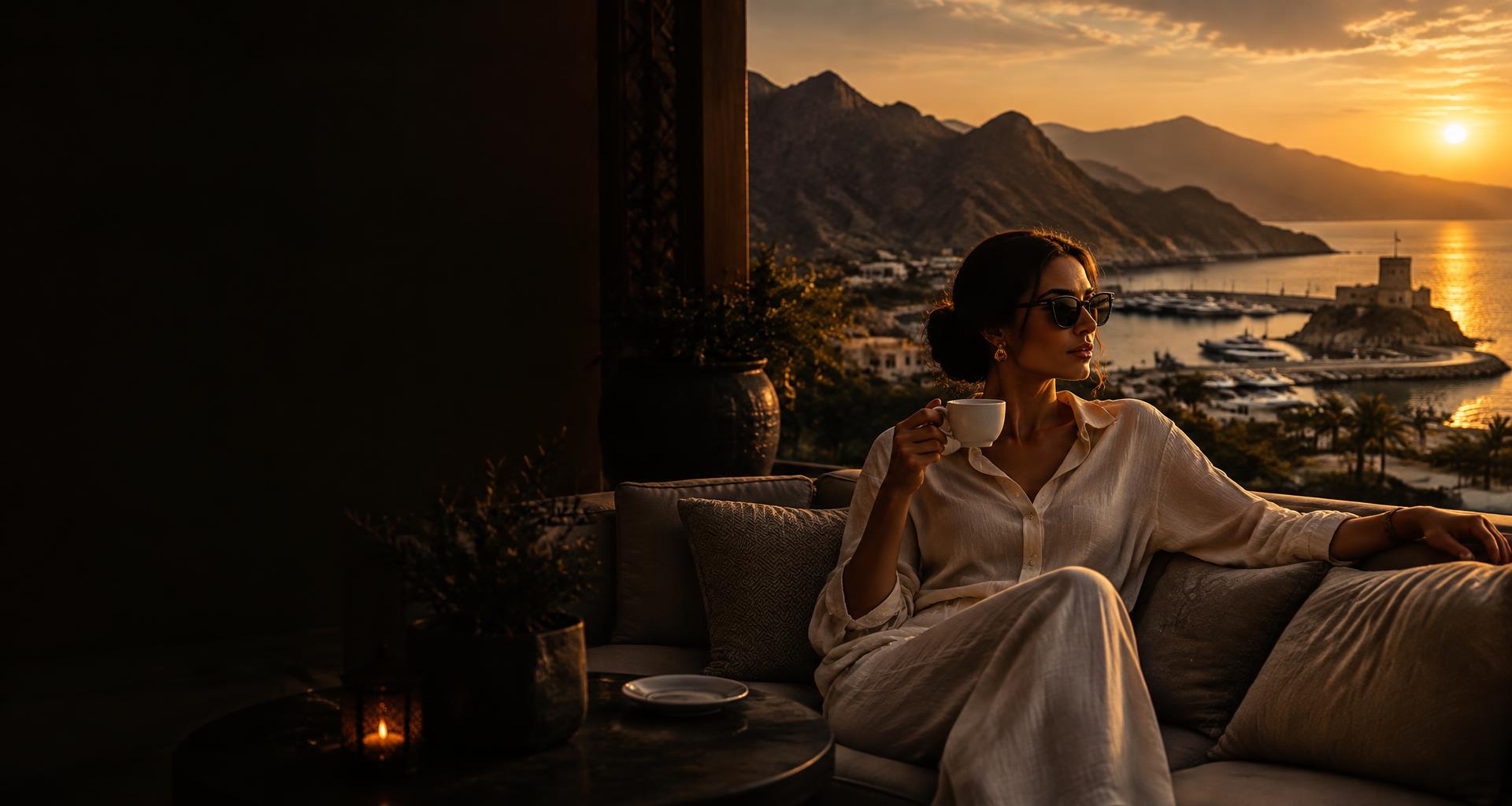 Woman enjoying coffee at sunset over Omani coast